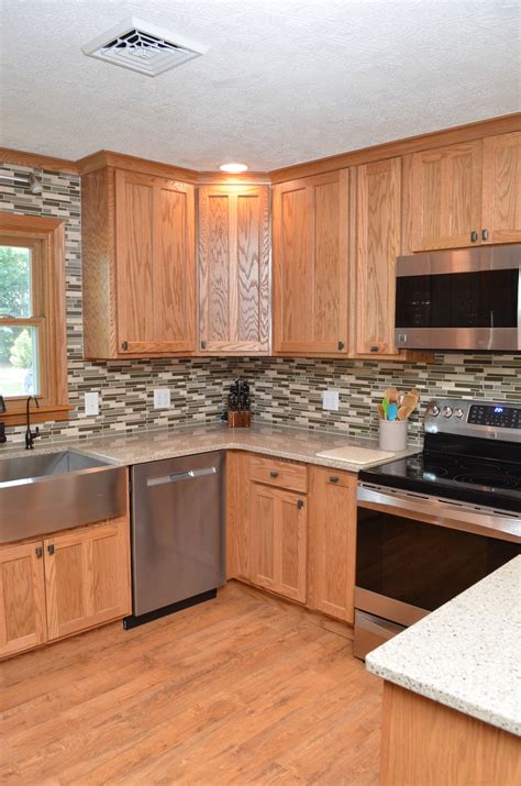 steel grey leathered with honey oak cabinets|honey oak kitchen cabinets modern.